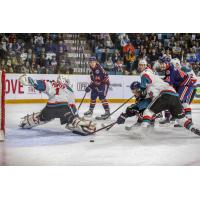 Kelowna Rockets goaltender James Porter scrambles to keep the puck out of the net against the Kamloops Blazers