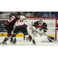 Vancouver Giants goaltender Trent Miner stops a shot by the Kelowna Rockets