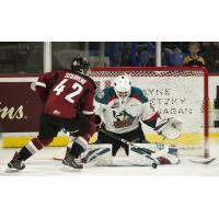Vancouver Giants C Justin Sourdif moves in on the Kelowna Rockets goaltender
