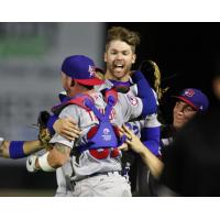 Buffalo Bisons pitcher T.J. Zeuch celebrates his no-hitter