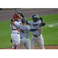 Jimmy Paredes of the Somerset Patriots celebrates at the plate
