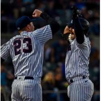 Somerset Patriots' Austin Wells and Eric Wagaman celebrate win